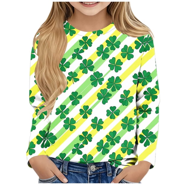 Blusas y camisas de manga larga con cuello redondo y estampado de San Patricio para niños, blusa informal de manga larga con cuello redondo, blusa de poliéster para niñas