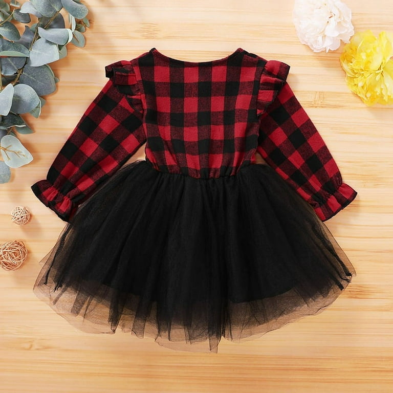 Esho Toddler Baby Girls Plaid Dress, Kids Christmas Buffalo Ruffle