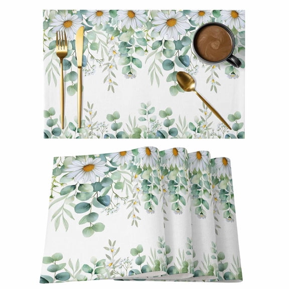 Green Eucalyptus Leaves Placemats Set of 12, Summer Botanical Daisy Floral Placemats for Dining Table, Place Mats for Kitchen Tabletop, Waterproof Wipeable Dining Table Mats Set