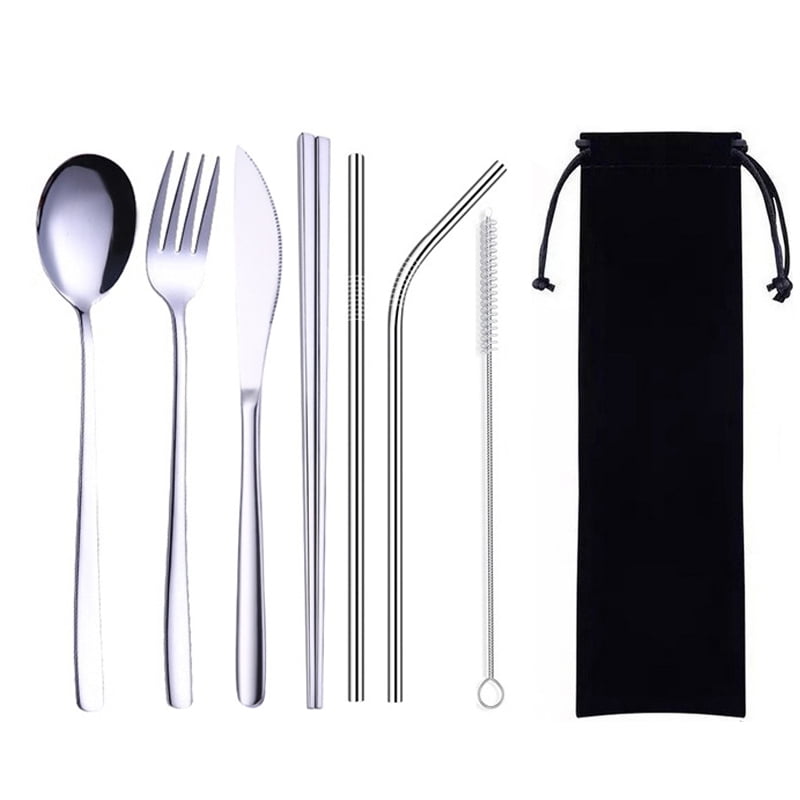 8 PCS Stainless Steel Cutlery Fork Spoon Straw Travel Picnic School Tableware 