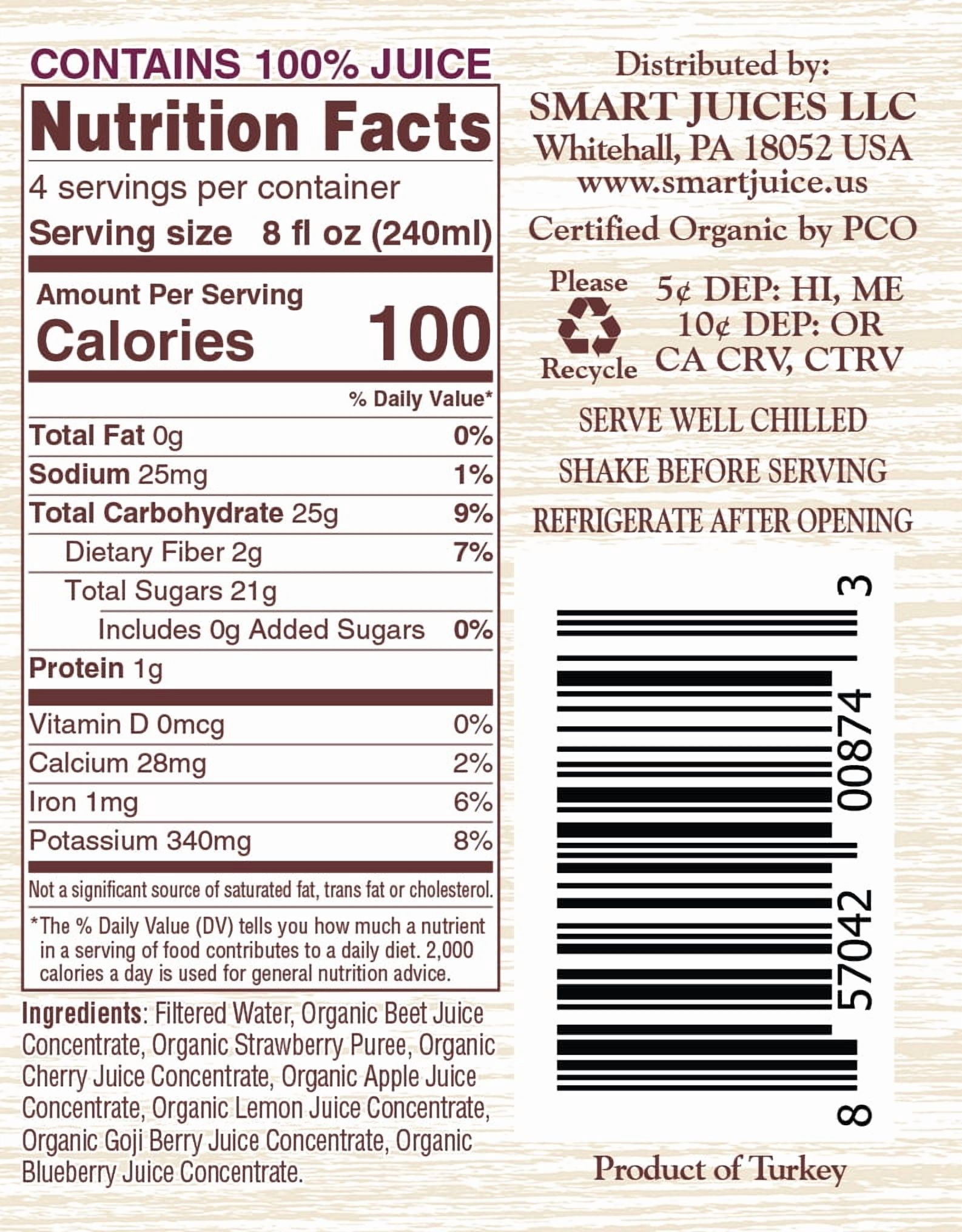 Smart Juice Organic Berry Beet Juice with Strawberry, Cherry, Blueberry, & Goji Berry – Shelf-Stable, 100% Juice – 32 fl oz, Pack of 6