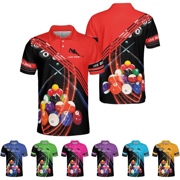 Personalized Name Billiard Polo Shirt Billiard Shirts Custom Billiard Flag Polo Shirt Men's Pool Billiard Gifts for Dad (Red, S)