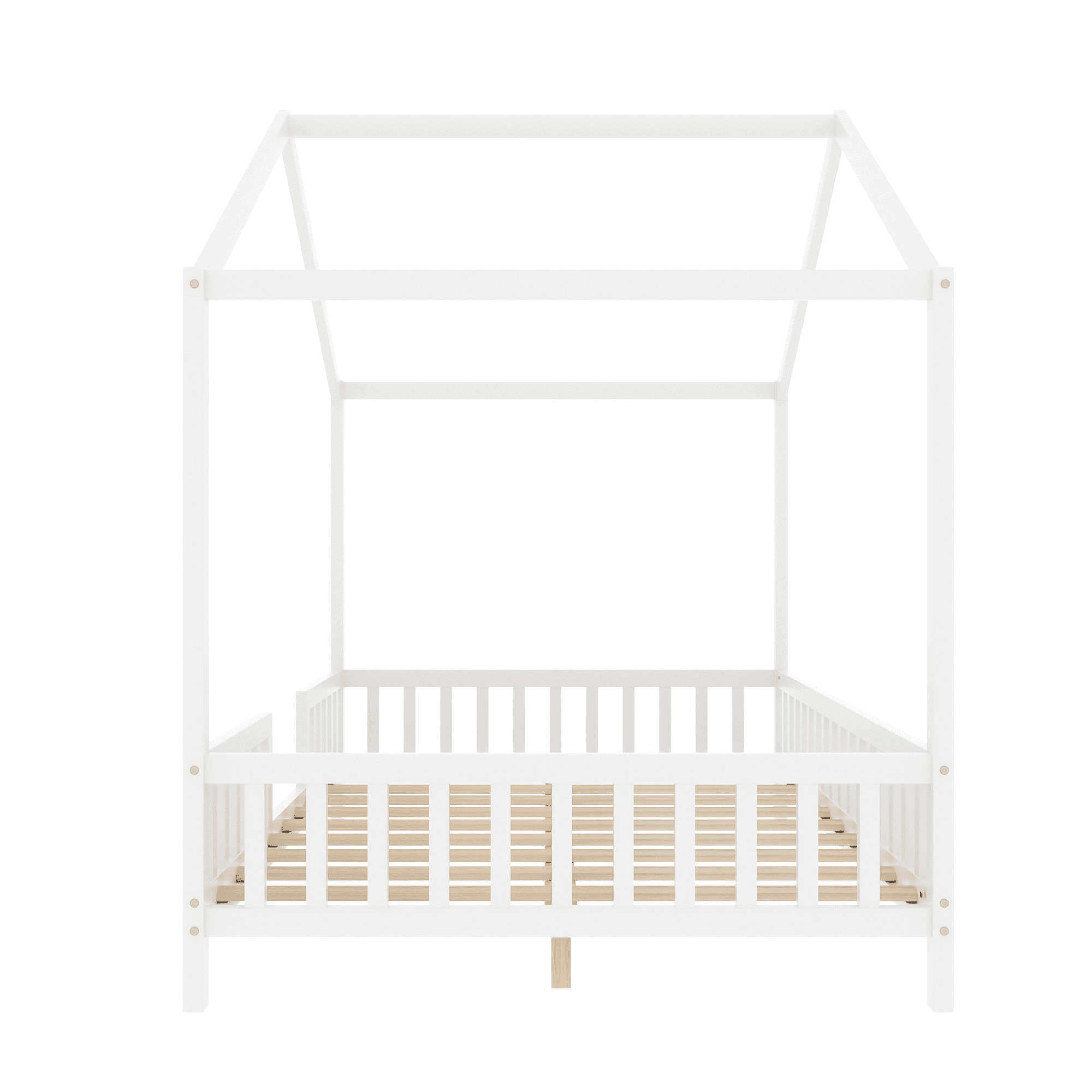 MODERNLUXE Full Size Montessori Floor Bed with Canopy,House Bed Frame with High Railings and Roof,Wood Tent Bed for Teens Girls & Boys,White