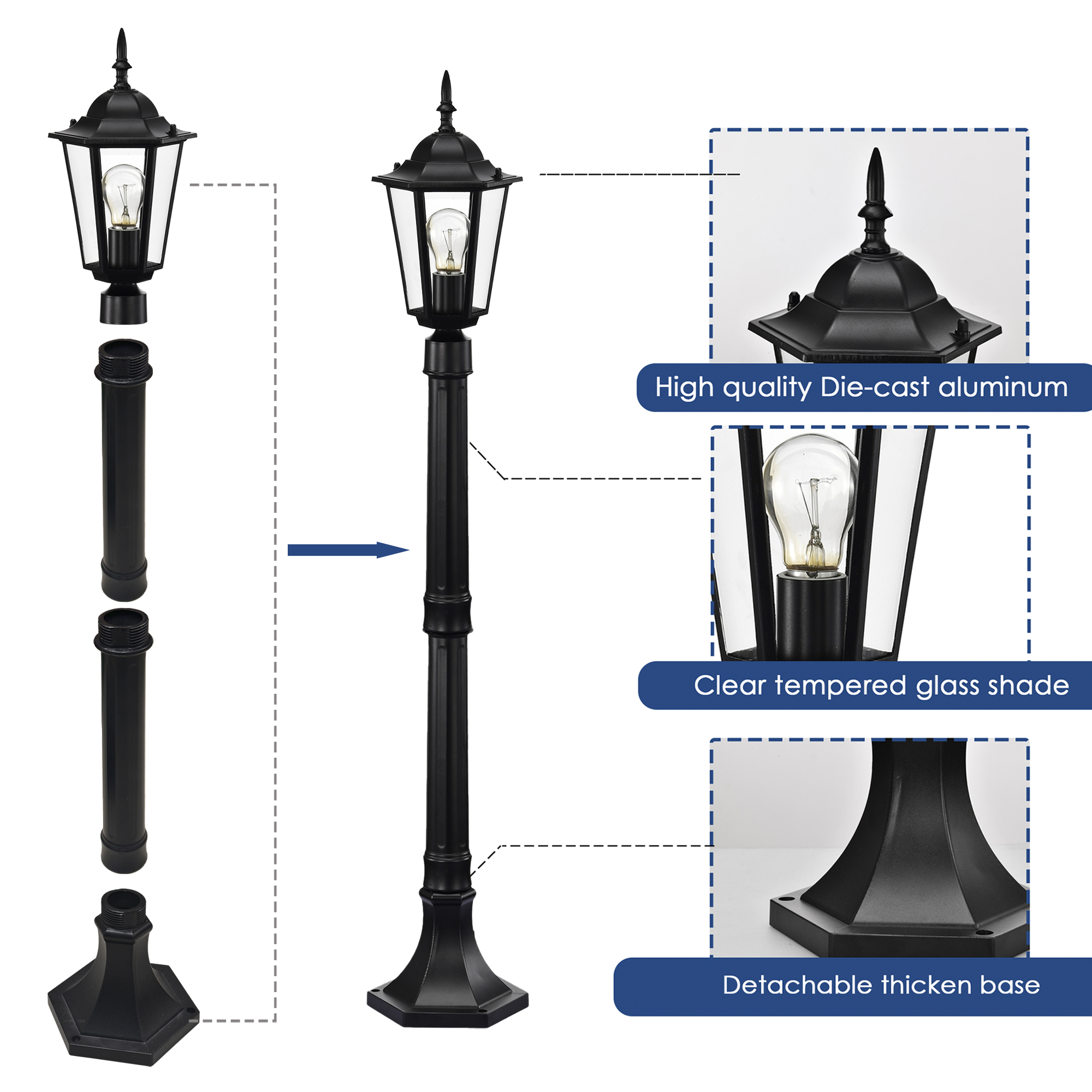 Outdoor Lamp Post Light 42", Adjustable Height Waterproof Post Light Fixture with ClearGlass, Aluminum Outdoor Pole Light for Yard, Garden & Driveway