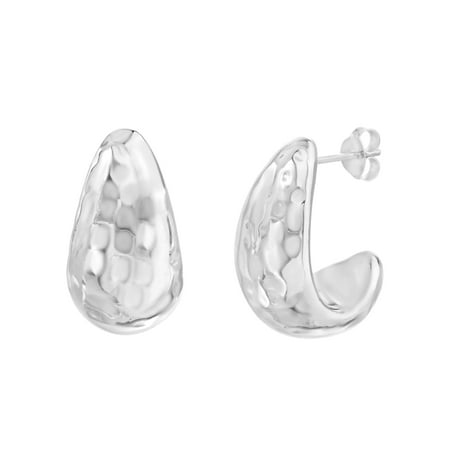 Lesa Michele Polished Hammered Pear Shaped Post Earrings in Rhodium Plated Sterling Silver for Women