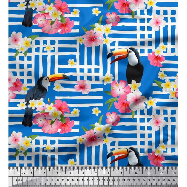 Soimoi Blue Poly Georgette Fabric Floral & Toucan Bird Printed Fabric 1 Yard 52 Inch Wide