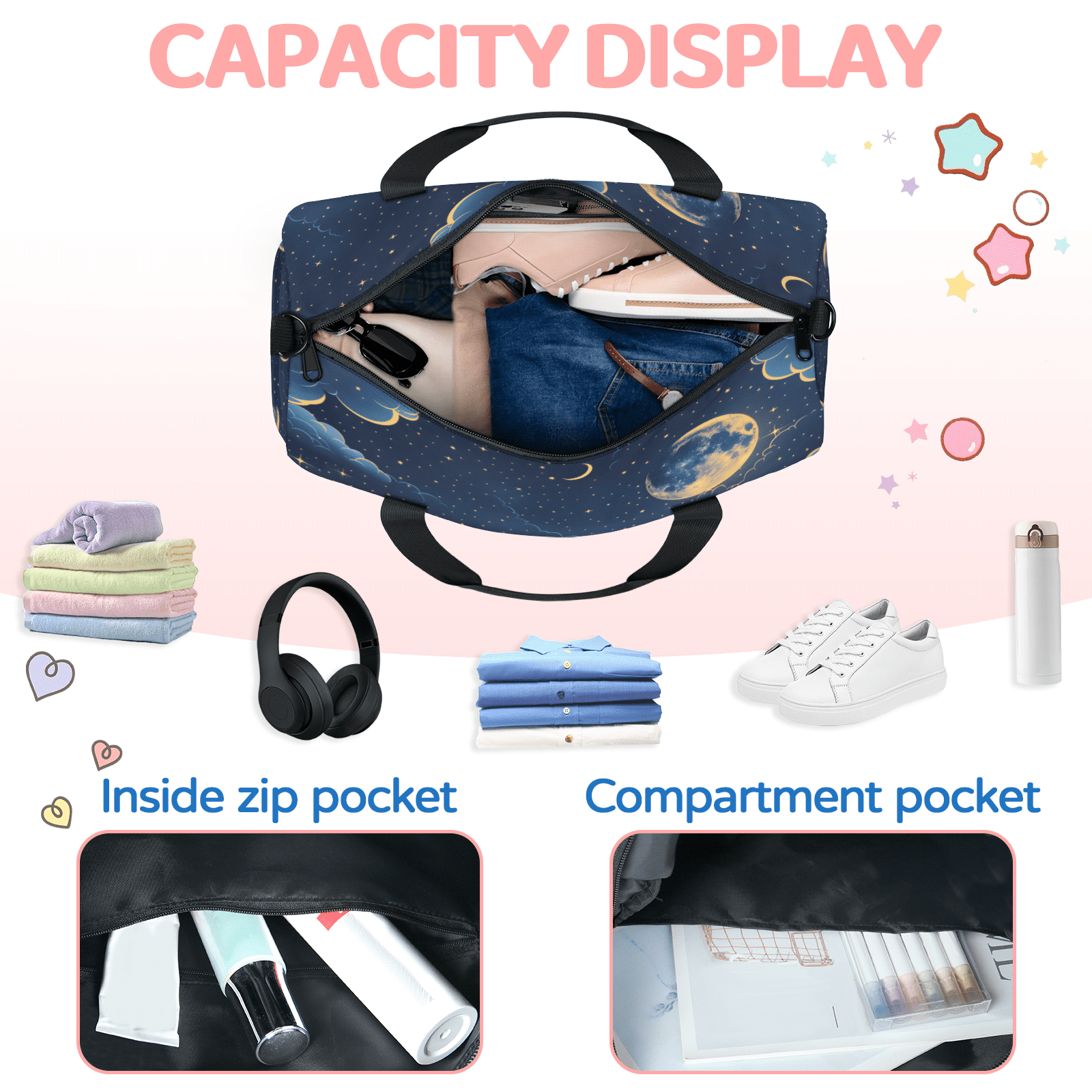 Herdesigns Space Galaxy Gym Bag for Women, Duffle Bag for Travel Sport, Moon Star Lightweight Waterproof Carry on Weekender Dance Yoga Workout Bags