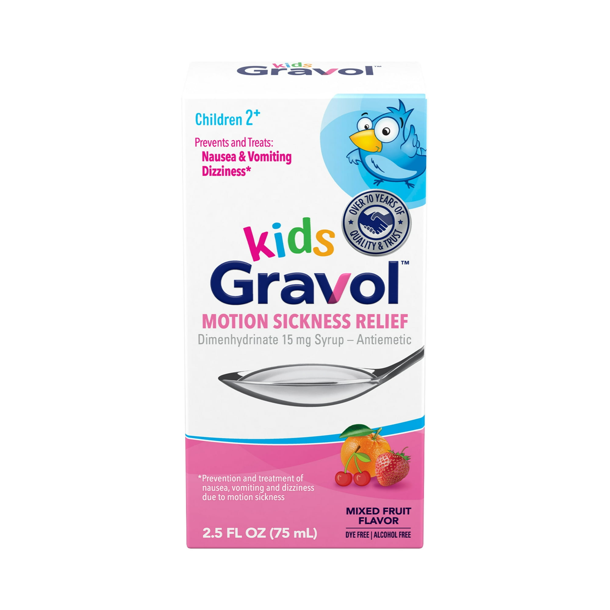 Gravol Kids Dye-Free Dimenhydrinate Liquid for Nausea and Motion Sickness Relief, 2.5 fl oz