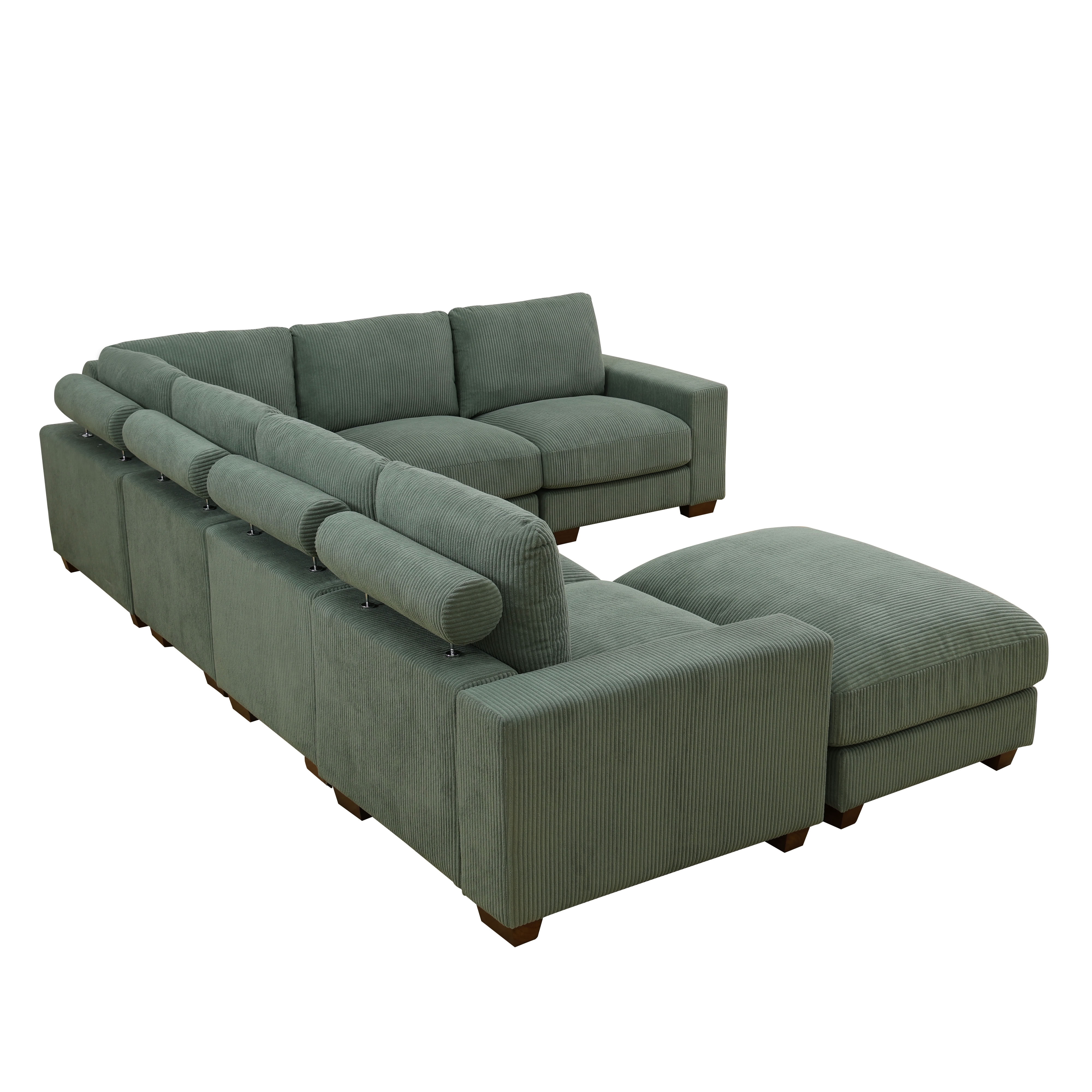 MAYEERTY Modular Sectional Sofa, Flocking Fabric Couch with Ottoman & Anti-Insect Frame, Green Living Room Furniture