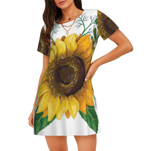 Fotbe Sunflowers (2) Bata de Dormir para Mujer con Estampado, Camisón de Algodón de Manga Corta, Ropa de Dormir Casual