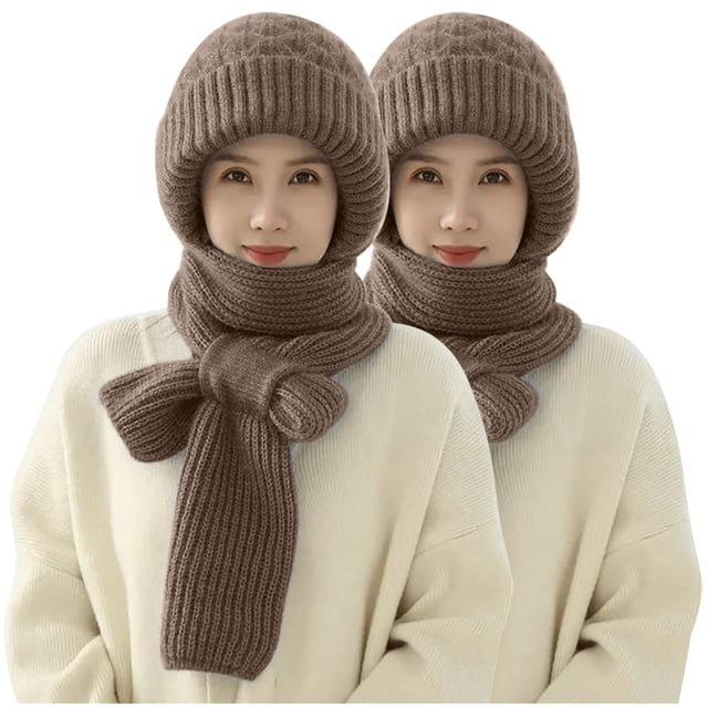 JMYHOAM Winter Beanie Hat 2PC Integrated Ear Protection Windproof Cap Scarf 2 In 1 Winter Warm Knitted Hat Scarf Thickening Hat Scarf