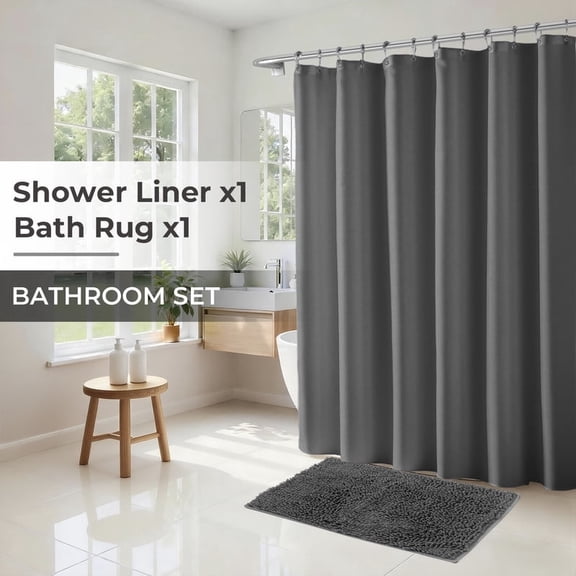 Yiannan 2 Pcs Bathroom Set - 72" x 72" Shower Liner with Magnets & Non-Slip Water Absorbent Bathroom Mats Set Accessories,Gray