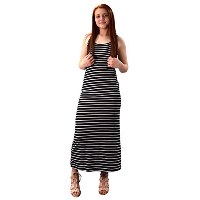 Peach Couture Racerback Summer Maxi Dress Striped Solid Sundress (Medium, Striped Black)