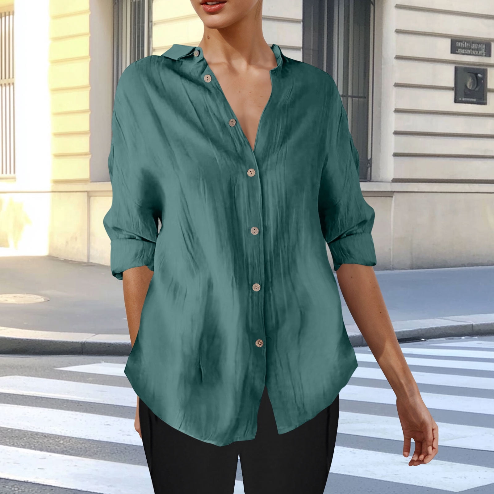 ylioge S-4X Plus Size Shirts for Women 3/4 Sleeve Button-Down Blouses Tops Womens Casual Lightweight Solid Color Collared Work Tshirts Top