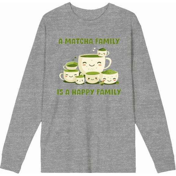 A Matcha Family Is A Happy Family Adult Heather Gray Crew Neck Long Sleeve Tee-Medium