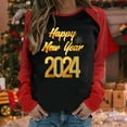 thumbnail image 2 of Penkiiy 2024 Happy New Year Women's Classic New Year Print Round Neck Long Sleeve Loose Round Neck Tops S Black, 2 of 4