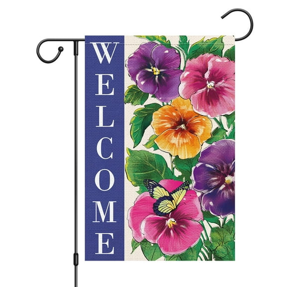 VOCHIC Welcome Spring Summer Garden Flag 12x18 Double Sided Vertical, Burlap Small Pansy Floral Hello Garden Yard House Flags Outside Outdoor House Spring Summer Decoration (ONLY FLAG)