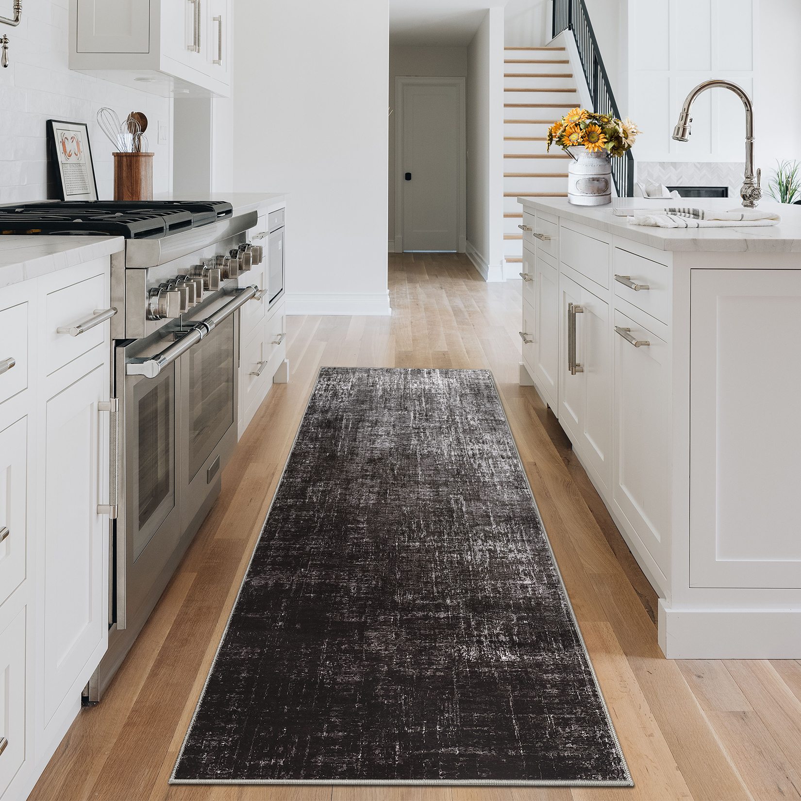 FairOnly 2'x6'Modern Abstract Gradient Color Runner Rug Machine Washable Ultra Thin Low Pile Non Slip Carpet for Hallway Laundry Bathroom,Black Grey