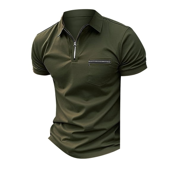 Yifymode Men's Zip-Up Collar Short Sleeve Polo Shirt, Classic Fit Soft Fabric Chest Pocket Casual Top Army Green L