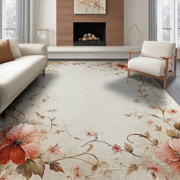 ODIKA 8'x10' Washable Area Rug Non-Shedding, Easy Care, Carpetas Vintage Tan Botanical Distressed Scroll Border Faded for King Size Bedroom Under Bed, Master Suite