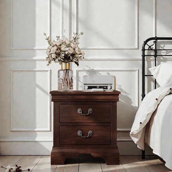 TIMOREN Modern Bedside Table, Wooden Nightstand with Two Drawers and Antique Hardware, Classic Bedside Table for Bedroom, Living Room or Hallway Storage, Cherry Finish