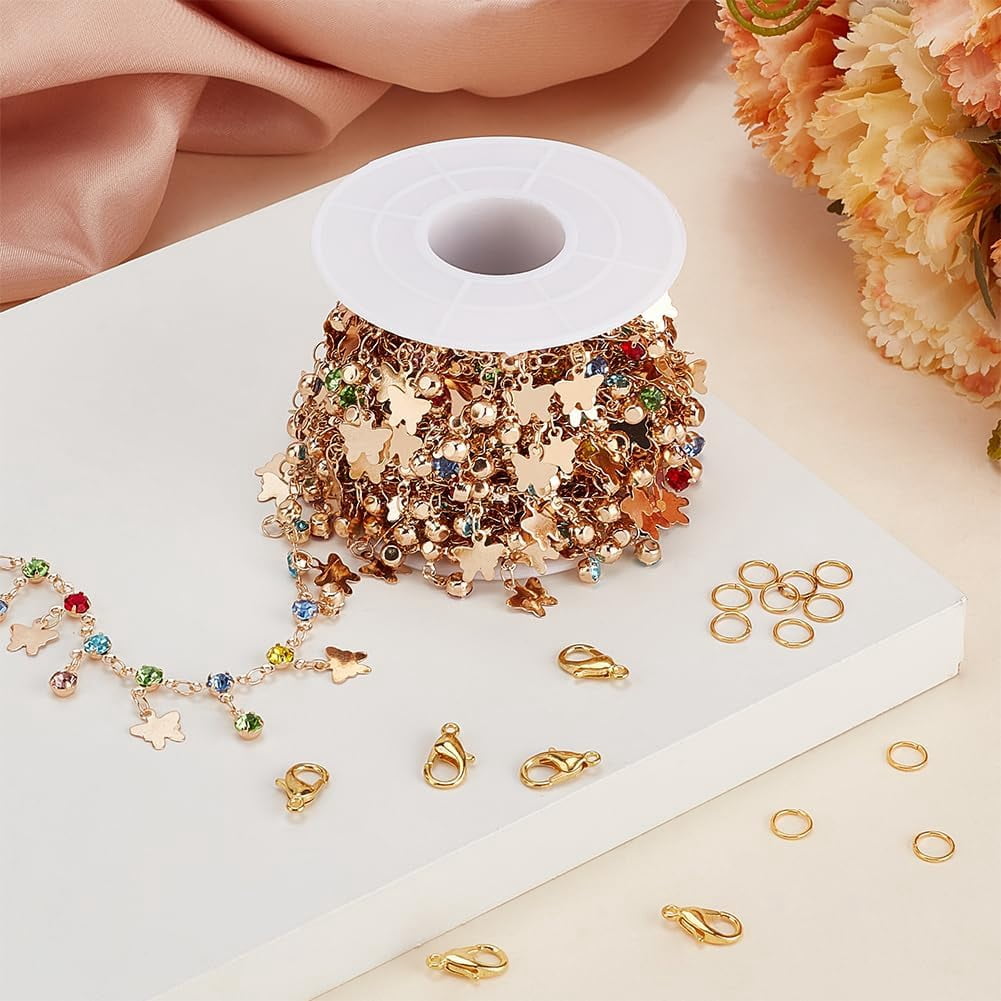 1set Jewelry Making Kits Include Butterfly Brass Rhinestone Charm Chains with Lobster Clasps Golden