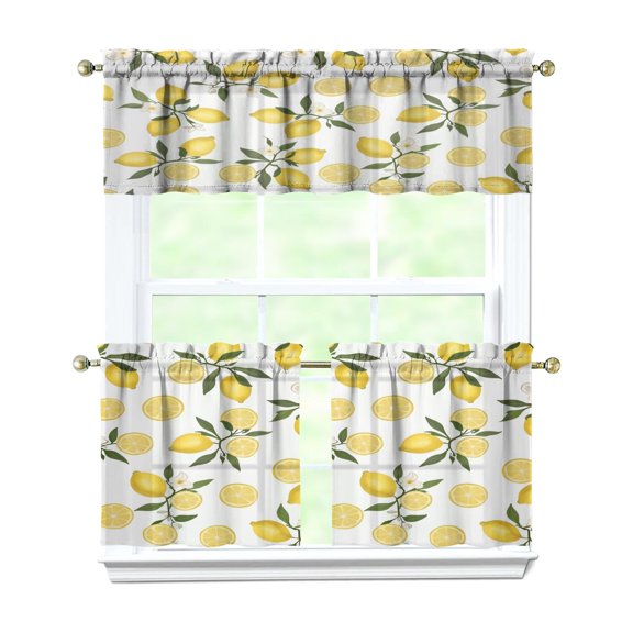 Yellow Lemon 3-Piece Kitchen Curtains Set Kitchen Curtains Sets with Valance for Windows Rod Pocket Machine Washable Kitchen Decor Decorations (54"x18" 2x27.5"x24")