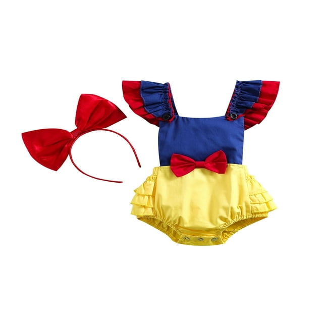 Baby Romper Color Contrast Princess Style Flying Sleeves Square Neck Bow Embellished Jumpsuit + Cute Headband Set Blue 18-24 Months