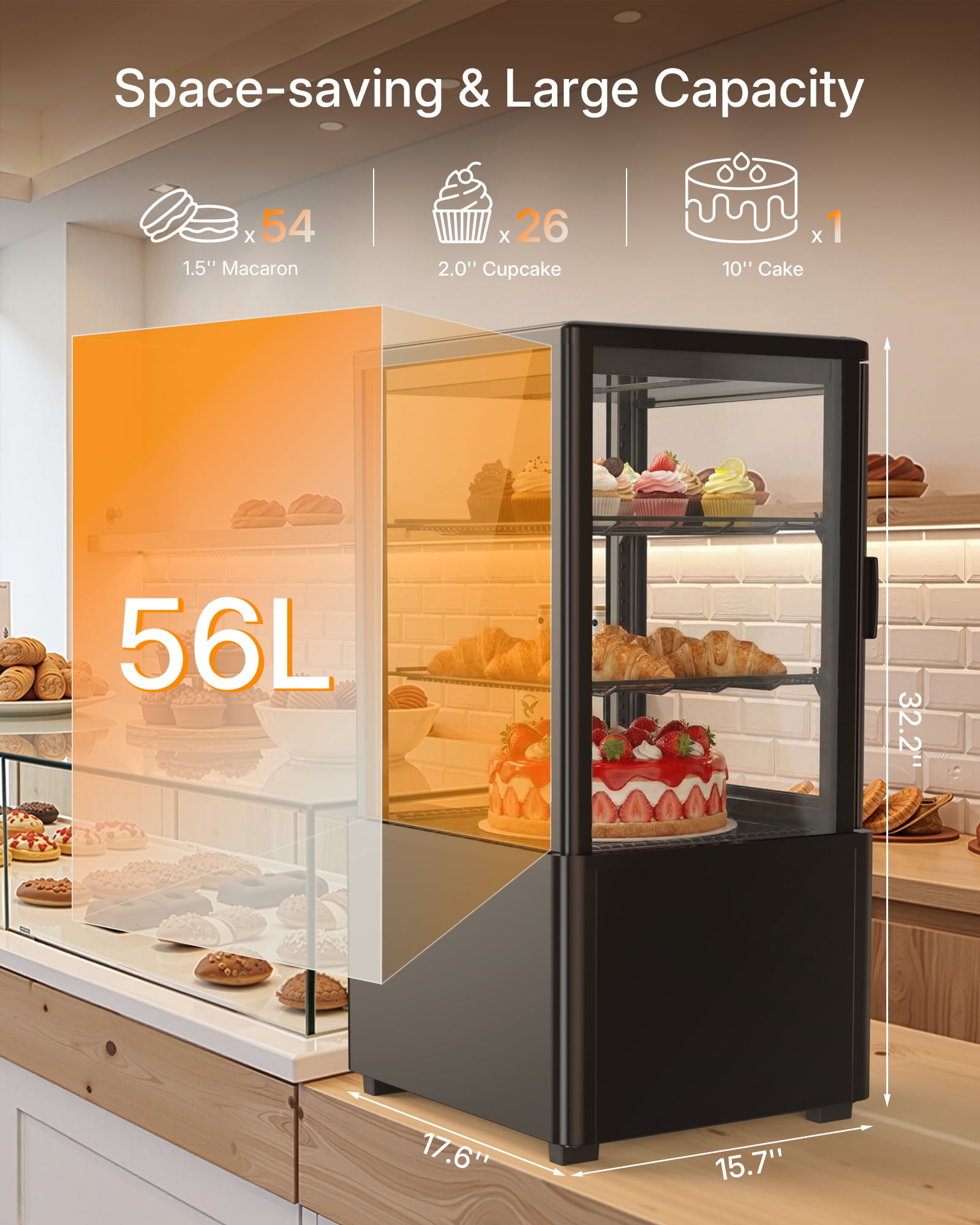 Upstreman Commercial Cake Display Refrigerator, 2.0 Cu.Ft/56L Countertop Pastry Refrigerated Display Case 3-Tier Cake Fridge, CD20