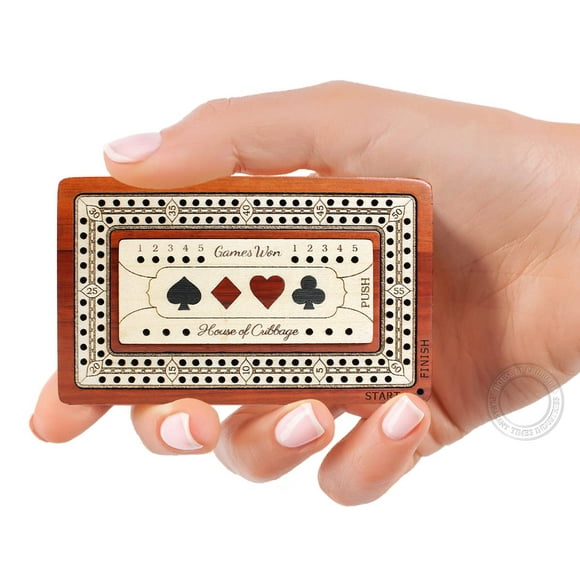 House of Cribbage - 2 Track - Wooden Travel/Pocket Size Cribbage Board - 4 Inch - Inlaid in Bloodwood/Maple Wood with Storage Space for Cribbage Pegs - 60 Points - Non C
