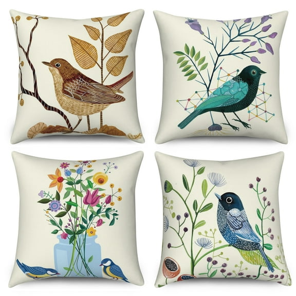Vintage Birds Throw Pillow Covers 18x18 Set of 4,Spring Flower Decorative Pillow Cases for Bedroom Sofa Couch