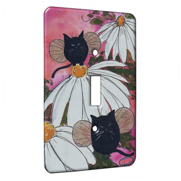 KuzmarK™ Single Gang Toggle Switch Wall Plate - Chubby Black Kitty Fairies with Shasta Daisies Abstract Cat Art by Denise Every