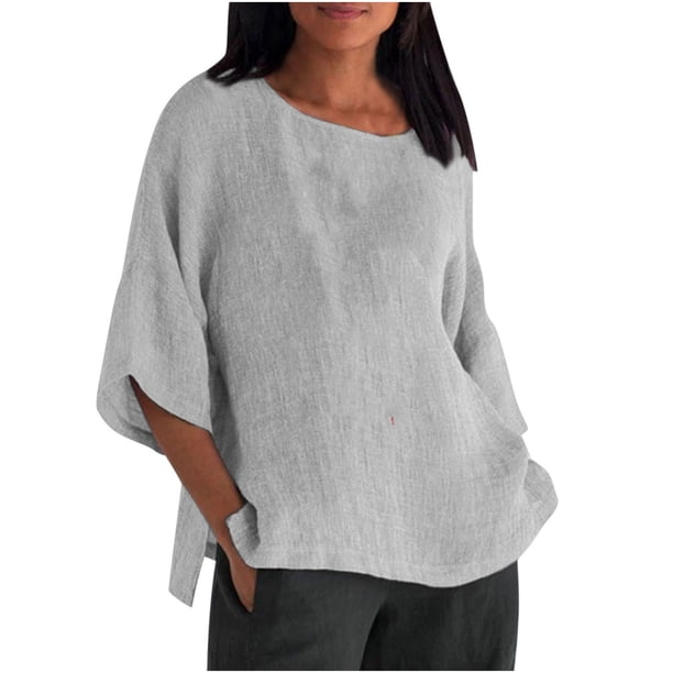 Moda mujer Casual manga tres cuartos cuello redondo algodón lino sólido Tops blusa Pompotops hfajkhk134745