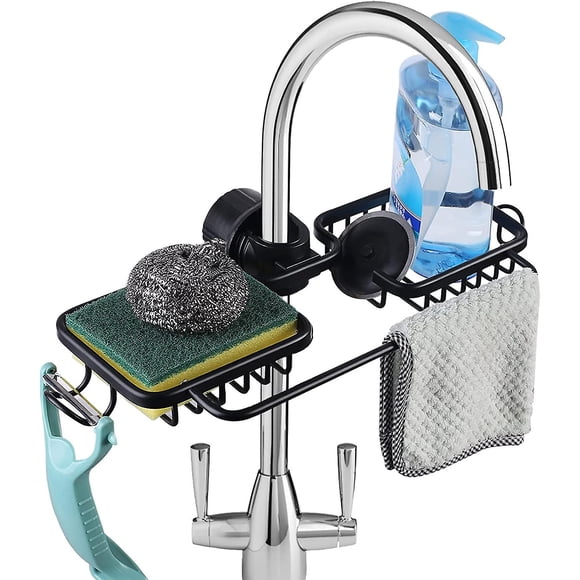 Sponge Holder for Kitchen Faucet, Kitchen Sink Storage with Hook Towel Holder, Hanging Sink Drain Holder for Faucet, Sink Organizer for Soap Sponges,