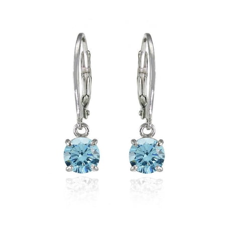 Sterling Silver Light Blue 6mm Round Dangle Leverback Earrings Made with Swarovski Crystals