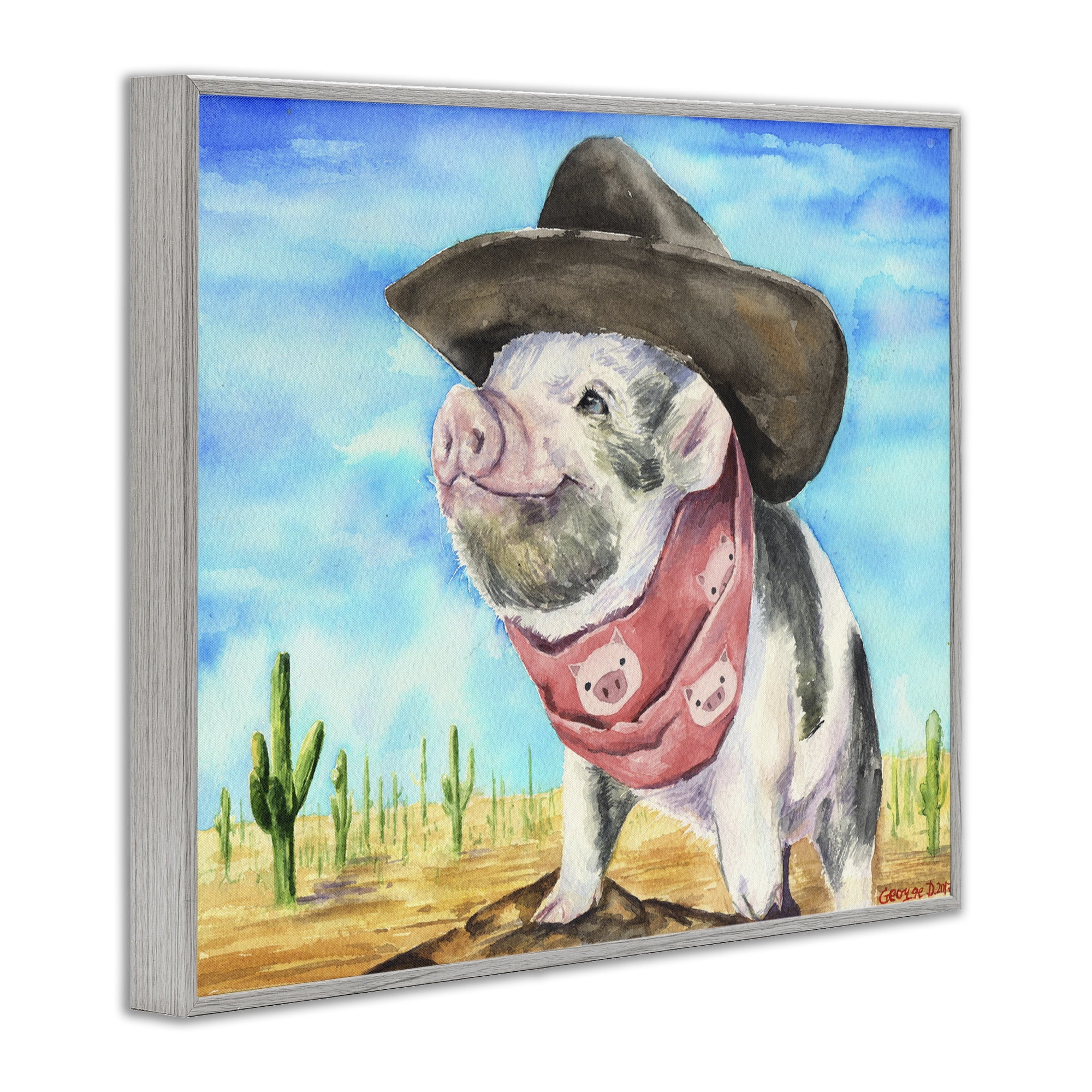 Stupell Industries Wild West Cowboy Pig Animals & Insects Painting Gray Framed Art Print Wall Art, 30 x 24