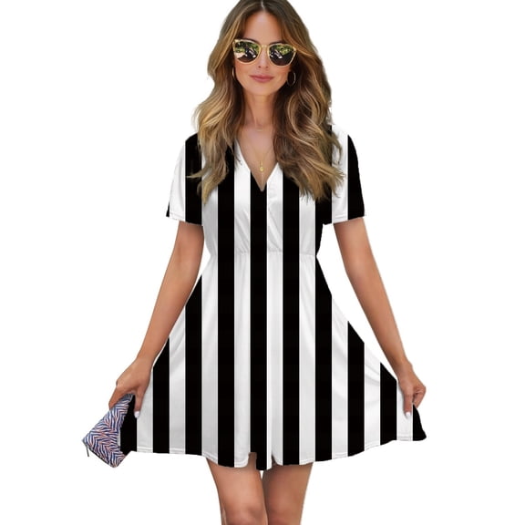 Black And White Vertical Women Dress V-Neck Short Sleeve Flowy Swing Party Midi Dress