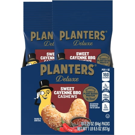 PLANTERS Sweet Cayenne Barbecue Cashews, Party Snacks, Plant Based 5g Protein, 2.25 oz Tube (Pack of 10)
