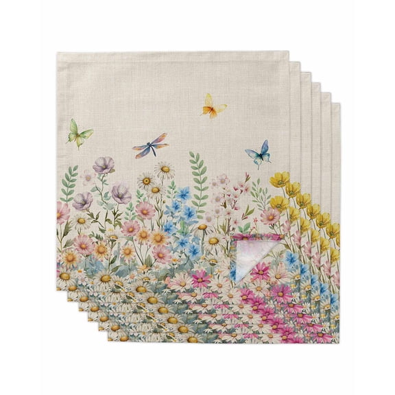 Colorful Floral Cloth Napkins Set of 6 Reusable Dinner Napkins, Farmhouse Country Dragonfly Butterfly Flower Cocktail Napkin Washable Table Napkins for Wedding/Holiday Party/Baby Shower 20"x20"