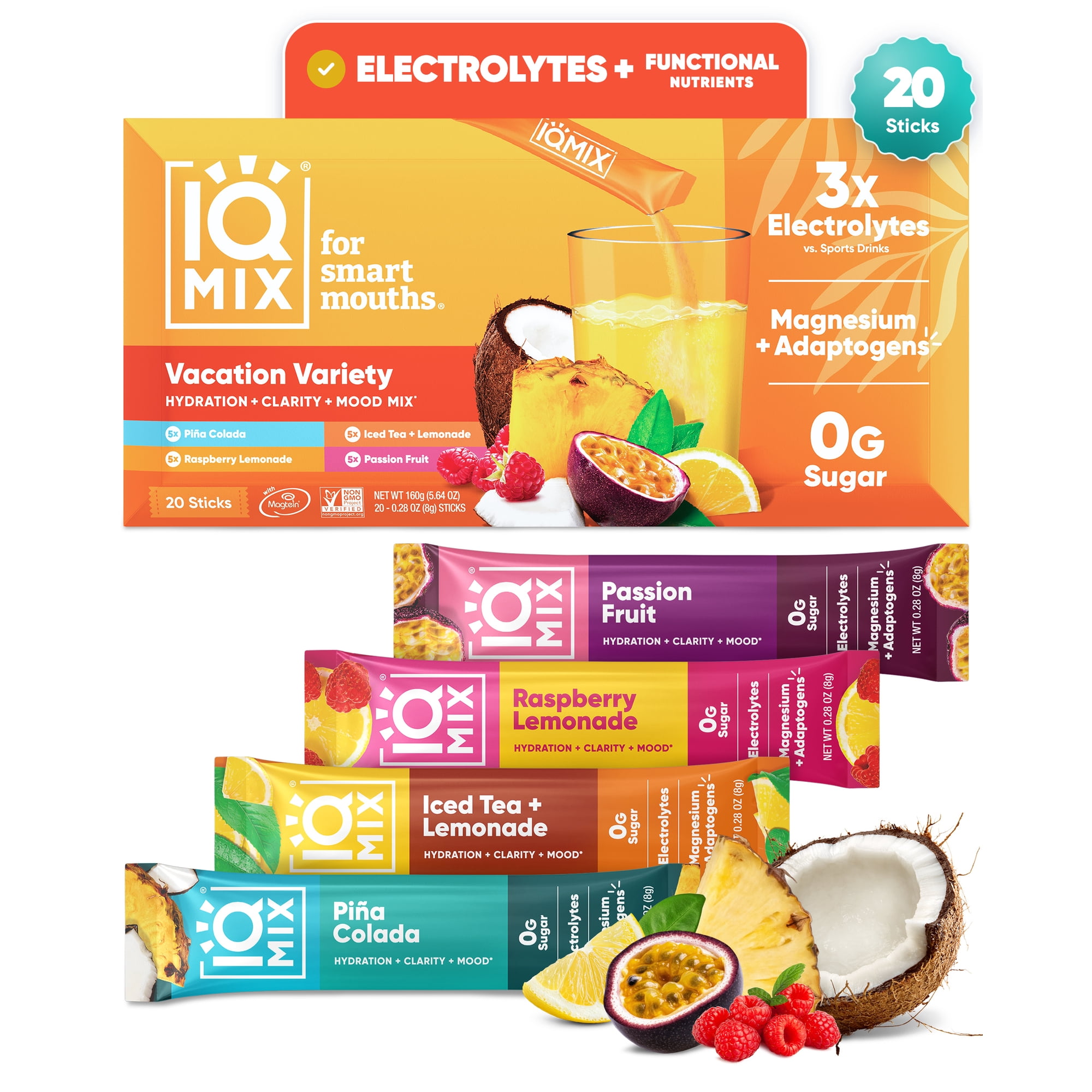 IQMIX Sugar Free Electrolytes Powder Packets - Hydration Supplement Drink Mix with Keto Electrolytes, Lions Mane, Magnesium L-Threonate, and Potassium Citrate - New Vacation Variety Pack (20 Count)