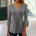 thumbnail image 2 of Htigea 3/4 Length Sleeve T-Shirts for Women Pleated V Neck Tunic Tops Button Down Pullover Flare Sleeves Casual Tee Gray,L, 2 of 5