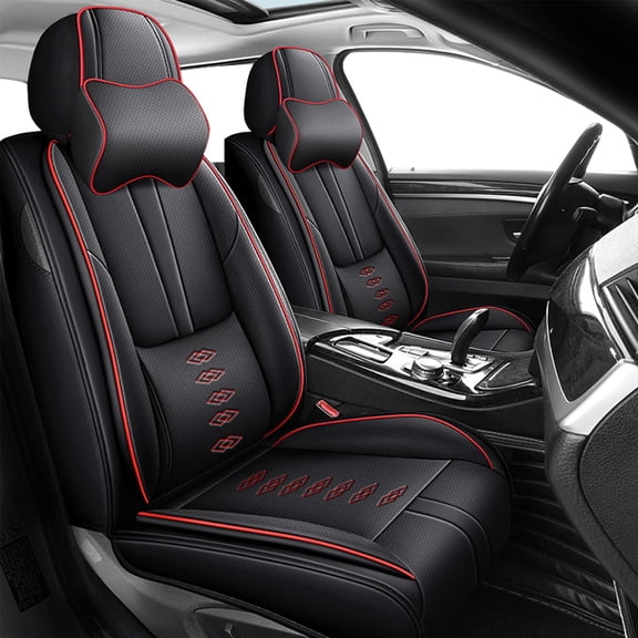 Leather Seat Covers for Jeep Most 98% Cars SUVs,Car Seat Covers Front Set,Waterproof Car Seat Protectors with Airbag,Comfort Interior Cover Seats for Cars(Black+Red,Pillows)