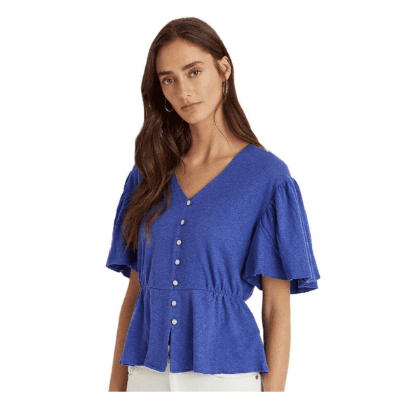 Lauren Ralph Lauren Womens Petite Linen Jersey Peplum Top Navy Size PS