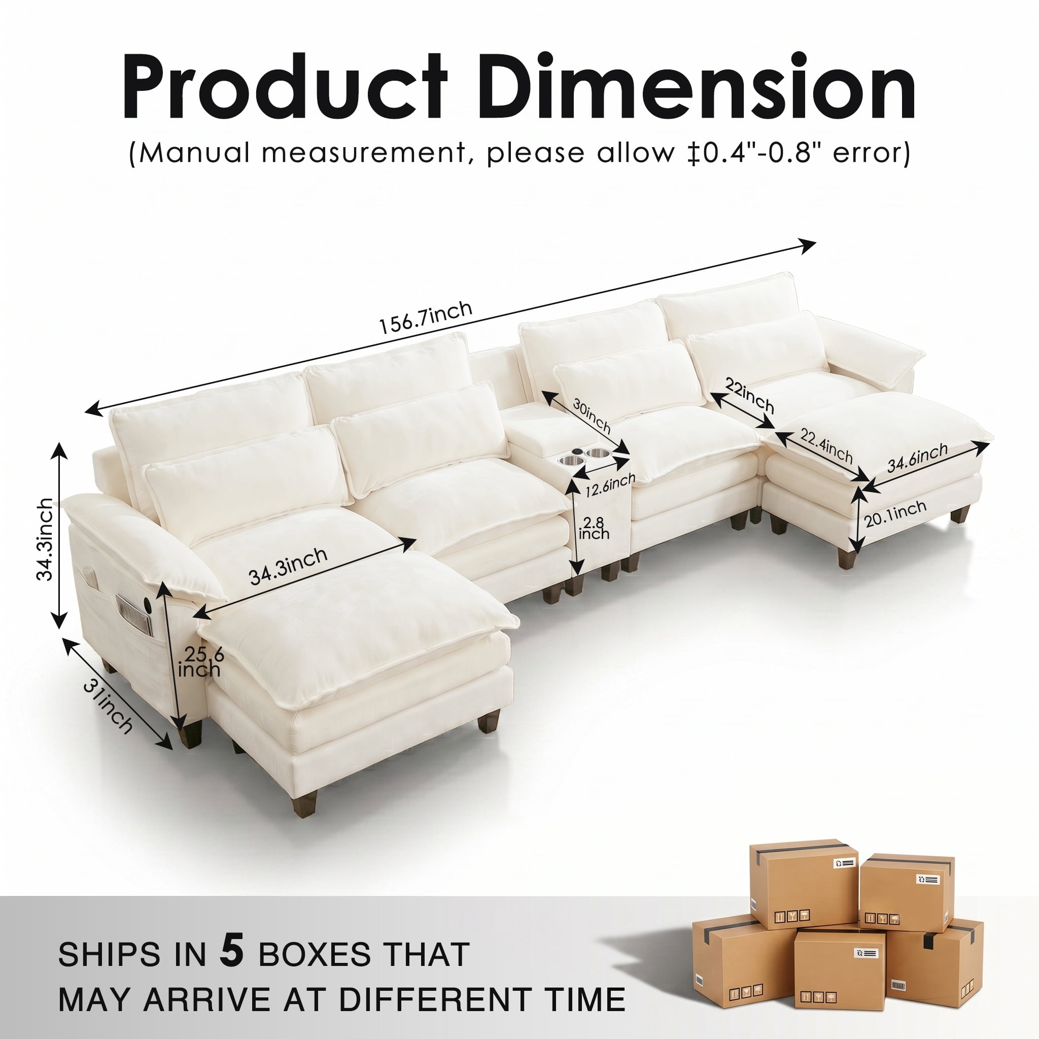 AISWORD 157" U Shaped Cloud Couch Sectional, Oversized Modular Sofa with USB Charging, Hidden Storage, Cup Holders & Double Chaise for Living Room, Beige