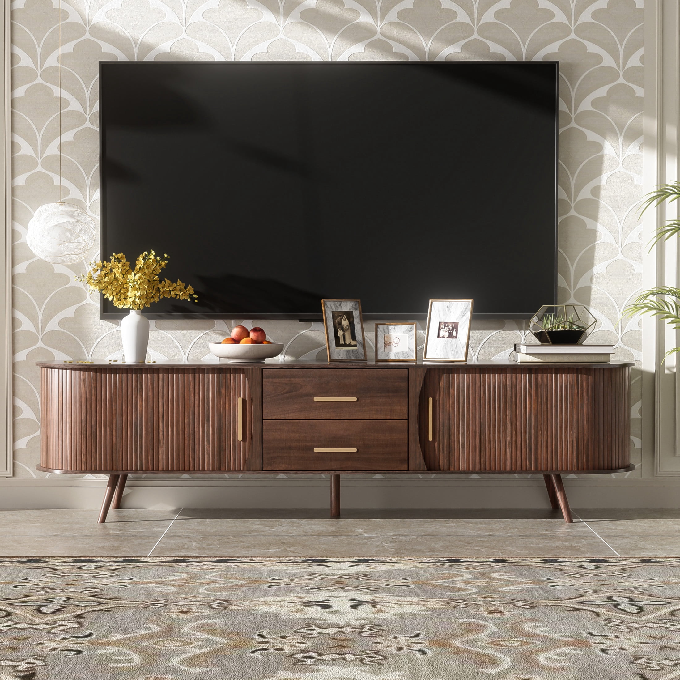 Noble House TV Stand for TVs up to 80", Media Console with Sliding Doors and Drawers, Dark Brown