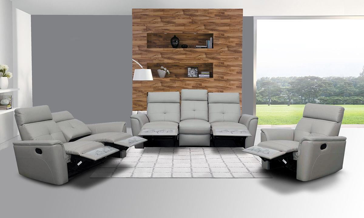 Contemporary Light Grey Italian Leather Recliner Sofa Set 3 Pcs