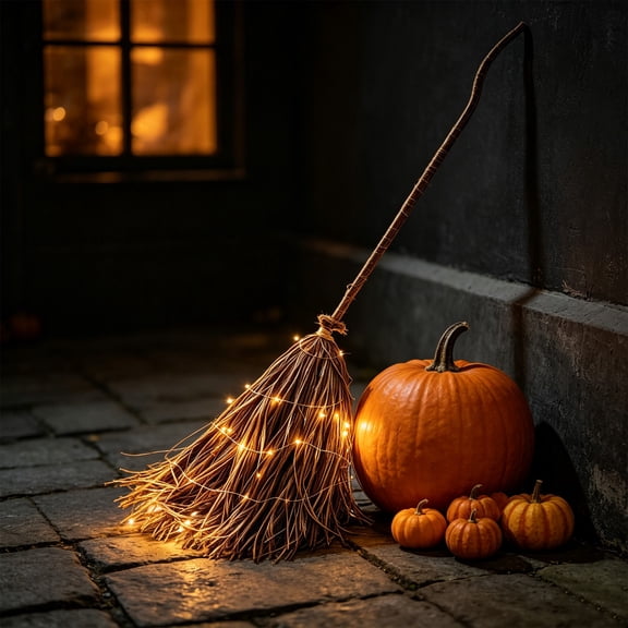 60 In Hand‑Wrapped Witch Broom Ornament, Warm White LED Lit Hanging Prop, Entryway Stair Decoration for Front Porch, Fall Outdoor Layout