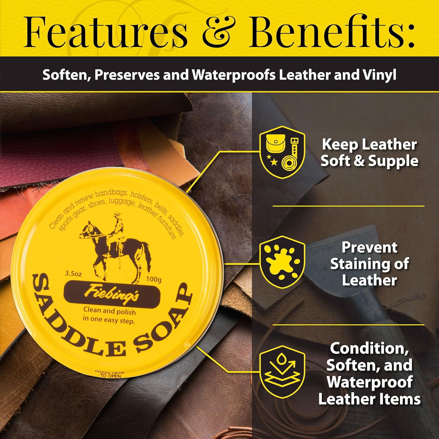 Fiebing's Yellow Saddle Soap for Leather (12 Pack, 3.5 oz Each, 42 oz Total) - Leather Cleaner & Conditioner to Soften, Protect & Restore Leathercraft - Leather Soap for Car Seat, Couch, Shoe, Purse