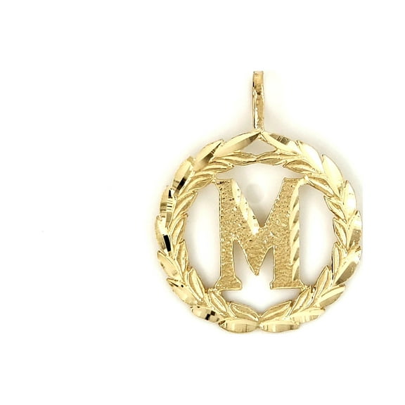 Precious Stars 14K Yellow Gold Round Wreath Unisex Initial Letter 'M' Pendant - No Chain, Pendant Only