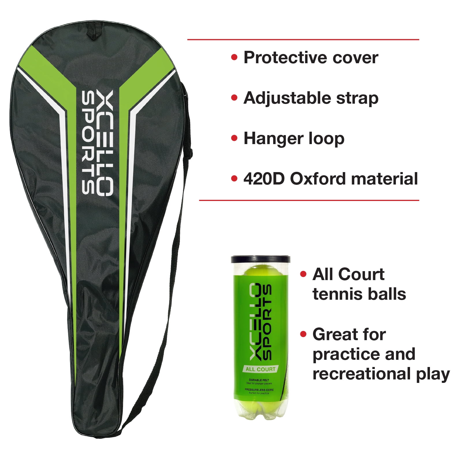 Xcello Sports 2-Player Aluminum Youth Tennis Racket Set, Includes Two 27" Tennis Rackets, 6 All Court Balls and 2 Carry Cases, Tennis Racket Adult, ‎Red/Black